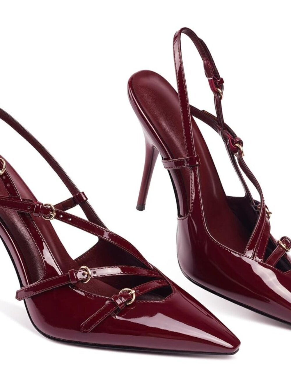 Women's Burgundy High Slingback Kitten Pointed Closed Pumps Low Heels Shoes - Picture 6 of 6